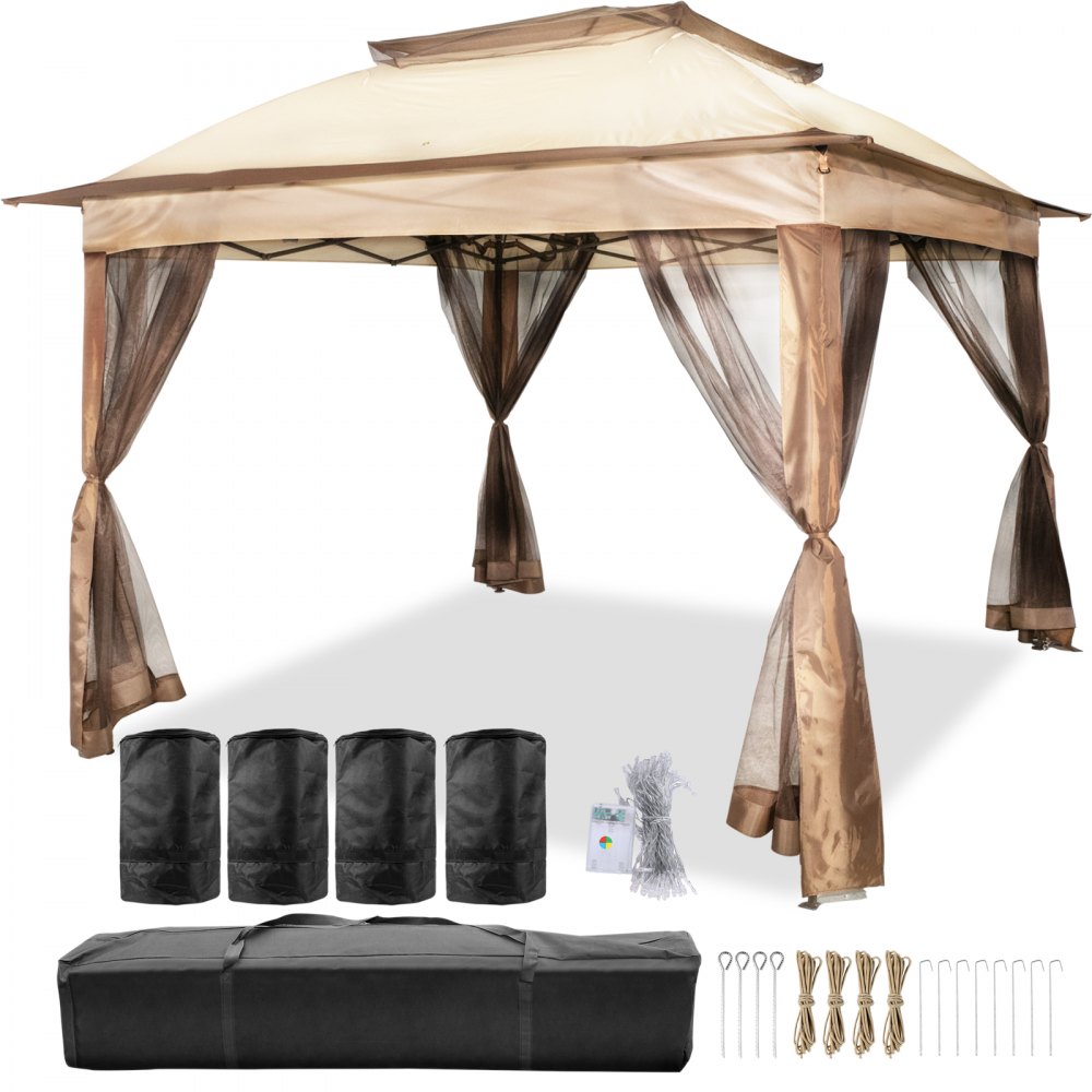 VEVOR Outdoor Canopy Gazebo Tent Portable Canopy Shelter with 11 x11 Large Shade Space for Party Backyard Patio Lawn and Garden 4 Sandbags Carrying Bag and Netting Included Brown VEVOR CA