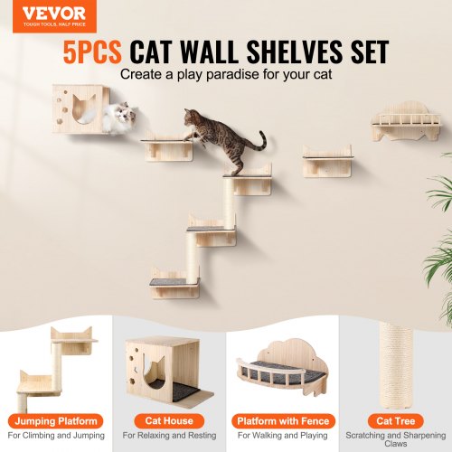 Image showcasing VEVOR Wall Mounted Cat Shelves Tree with Jumping Boards Nest Furniture ...