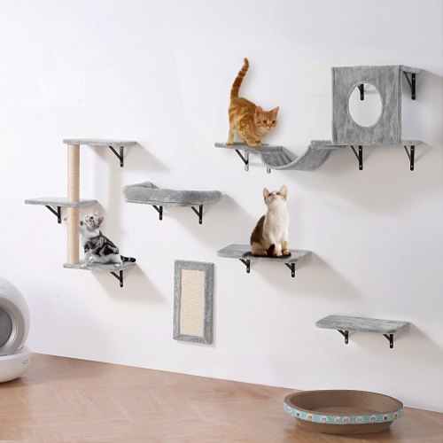 View of VEVOR Wall Mounted Cat Shelves Tree with Jump Boards Hammock Sofa Grip ...