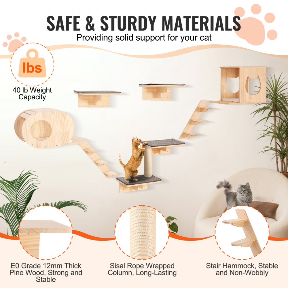 Image showcasing VEVOR Wall Mounted Cat Shelves Tree with Jumping Boards Nests Hammock ...