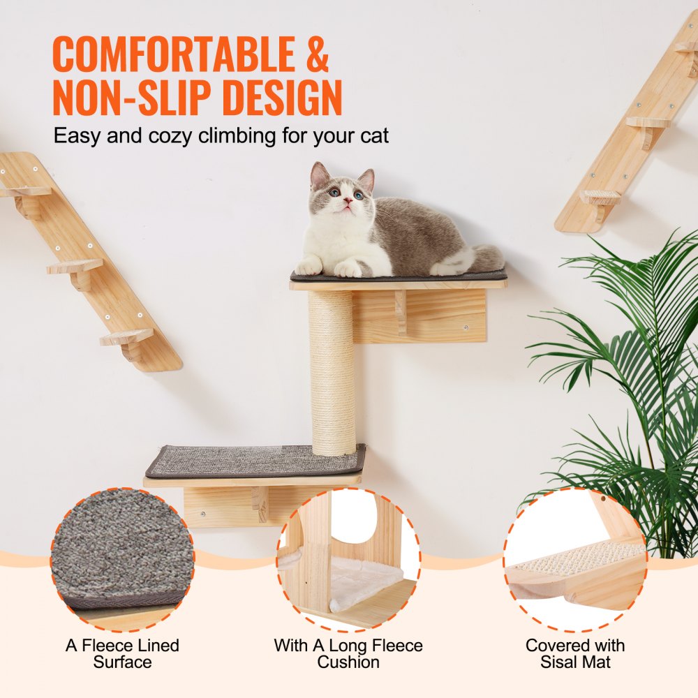 Image showcasing VEVOR Wall Mounted Cat Shelves Tree with Jumping Boards Nests Hammock ...