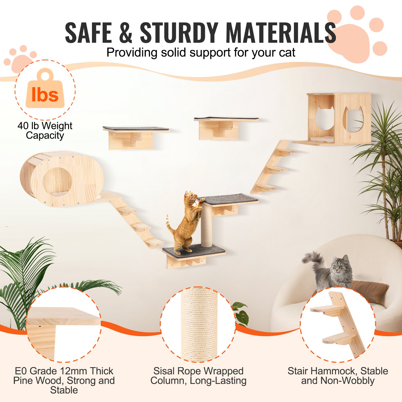 VEVOR Wall Mounted Cat Shelves Tree with Jumping Boards Nests Hammock ...