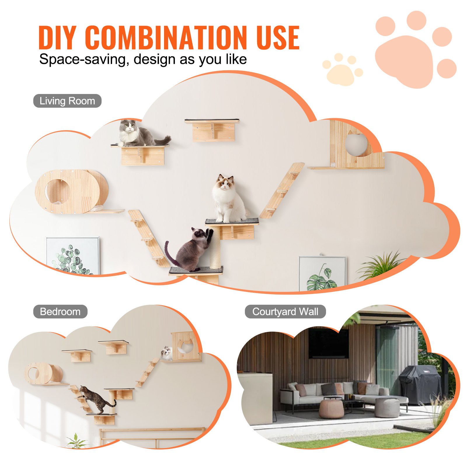 VEVOR Wall Mounted Cat Shelves Tree with Jumping Boards Nests Hammock ...