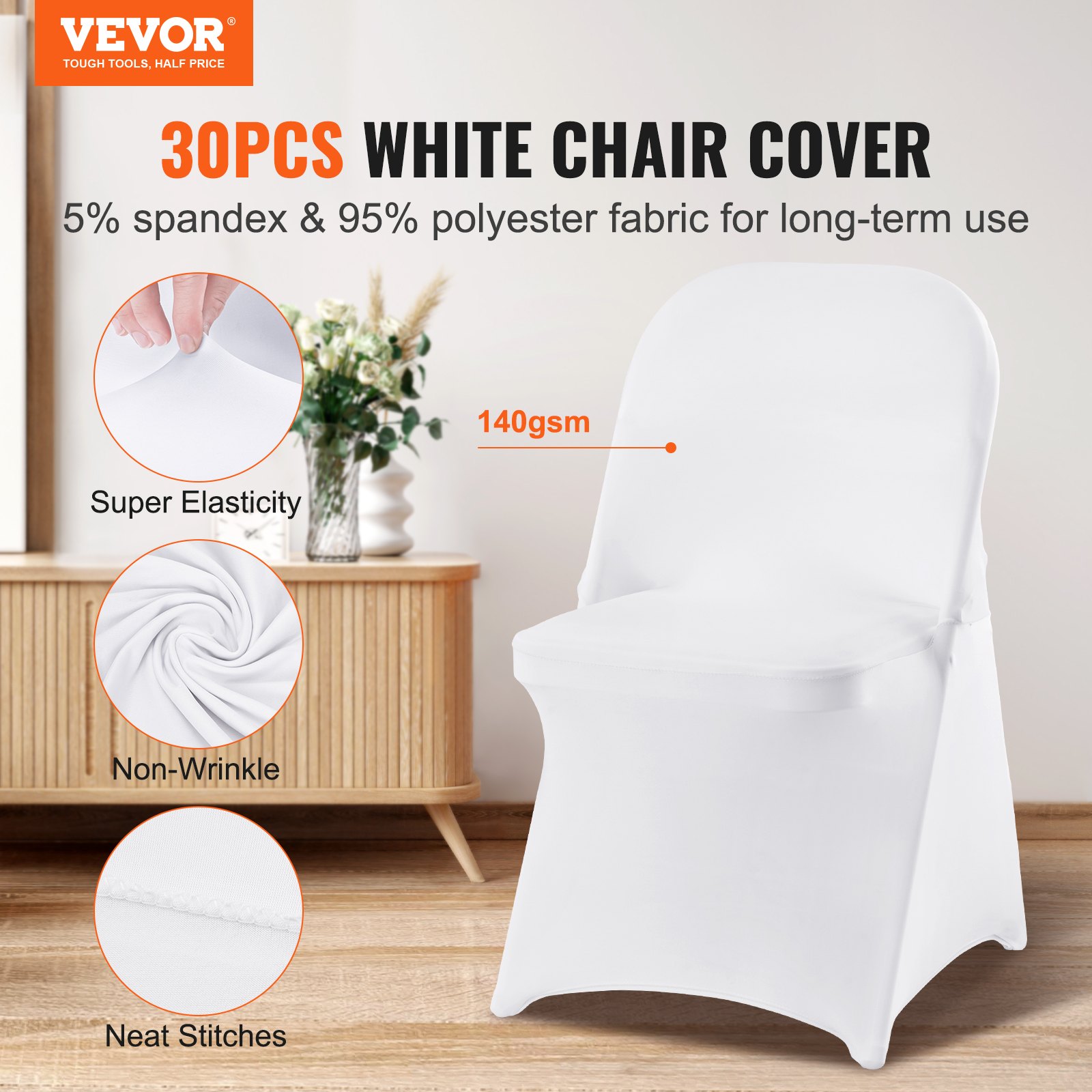 VEVOR White Stretch Spandex Chair Covers - 30 PCS, Folding Kitchen ...