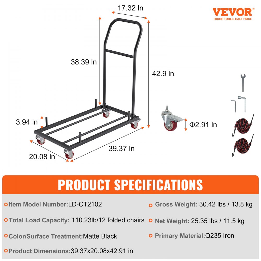 Stackable Chair Dolly Cart VEVOR Folding Chair Dolly, Iron Commercial Cart with 12 Chairs Capacity ...