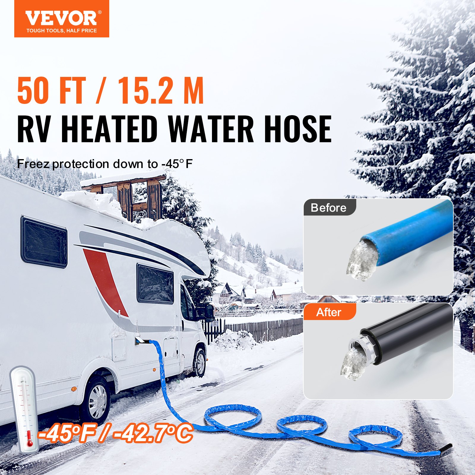 Heated Water Riser VEVOR 50ft Heated Water Hose for RV -45℉ Antifreeze Heated Drinking ...