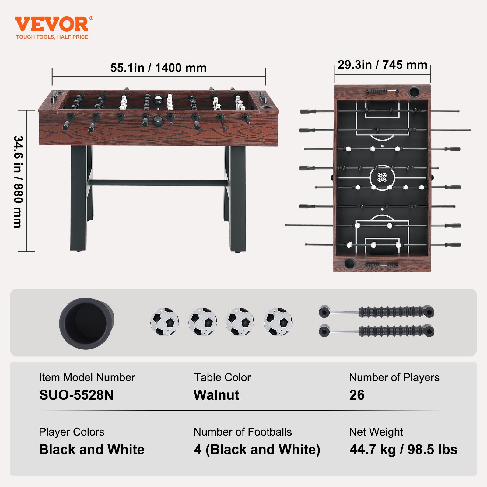 Fuzzball Table VEVOR Foosball Table, 55 inch Standard Size Foosball Table, Indoor Full ...