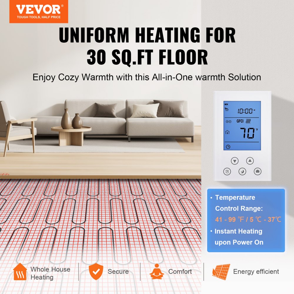 VEVOR Floor Heating Mat, 30 Sq.ft, Electric Radiant In-Floor 