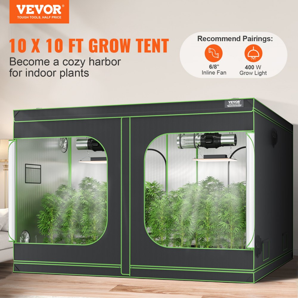 VEVOR 10x10 Grow Tent, 120'' x 120'' x 80'', High Reflective 600D Mylar